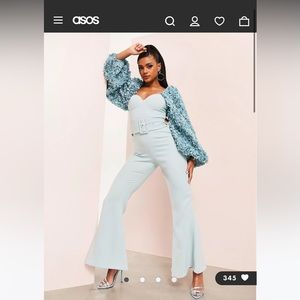 ASOS LUXE 3D floral sleeve jumpsuit with belt in blue